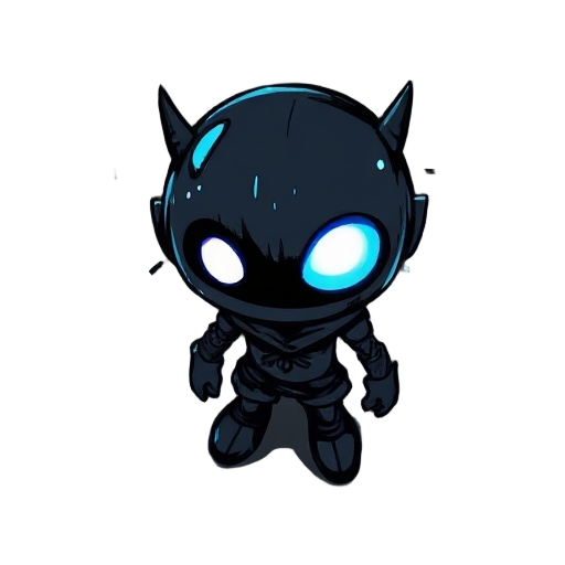 glitch character, top-down, hand-drawn style, dark with neon fragments, big glowing eye, mysterious,transparent background