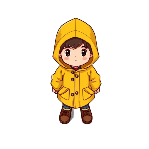 a young human child wearing a yellow raincoat, neutral expression, top-down perspective, overworld map sprite, simple charming design, 16-bit retro jrpg style