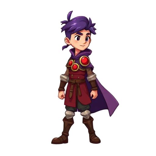 young male warrior, purple ponytail, red/gold circle armor, dark purple cape, walking right. platform style