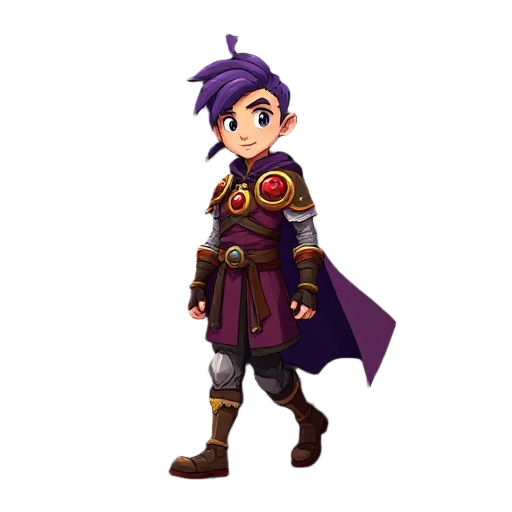 young male warrior, purple ponytail, red/gold circle armor, dark purple cape, walking right. black bg