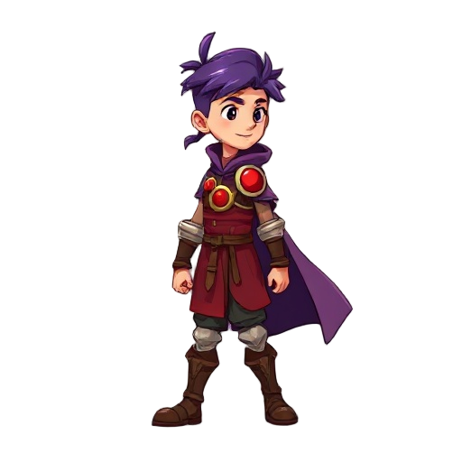 young male warrior, purple ponytail, red/gold circle armor, dark purple cape, walking right. platform style