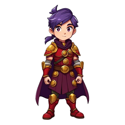 the character is a young male warrior with purple hair tied in a ponytail, wearing red and gold armor featuring circular details, and a dark purple cape. the character is in idle pose, 