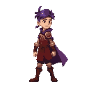 young male warrior, purple ponytail, red/gold circle armor, dark purple cape, walking right. platform style