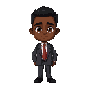 a man with dark skin, short black hair, and brown eyes. he is wearing a formal gray suit with a white shirt and a red tie