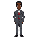 a man with dark skin, short black hair, and brown eyes. he is wearing a formal gray suit with a white shirt and a red tie light gray color. the style is reminiscent of a retro video game.