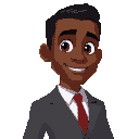 a man with dark skin, short black hair, and brown eyes. he is wearing a formal gray suit with a white shirt and a red tie
