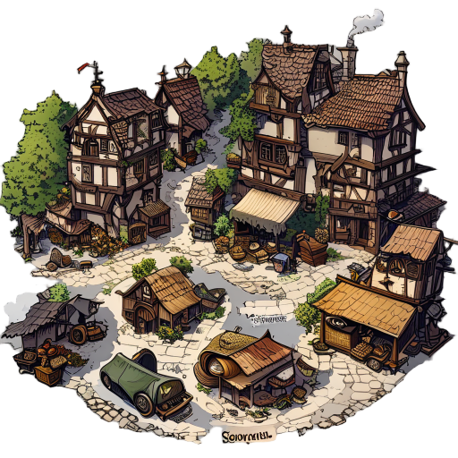  oakhaven (carvalhal) - o coração comerciante vila mercante medieval e sombria, onde o ar pesa com odores de carroças, animais e o constante tilintar de moedas. ruas de terra formam um labirinto de barracas que vendem de colheitas a "curiosidades" exótica