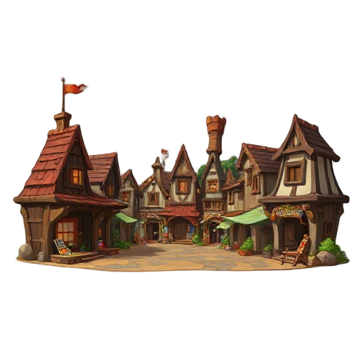  oakhaven (carvalhal) - o coração comerciante vila mercante medieval e sombria, onde o ar pesa com odores de carroças, animais e o constante tilintar de moedas. ruas de terra formam um labirinto de barracas que vendem de colheitas a "curiosidades" exótica
