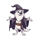 a white dog with human body, he is a wizard