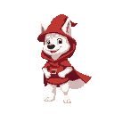 a white and cute dog with human body, he is a wizard, red clothes with out a hood