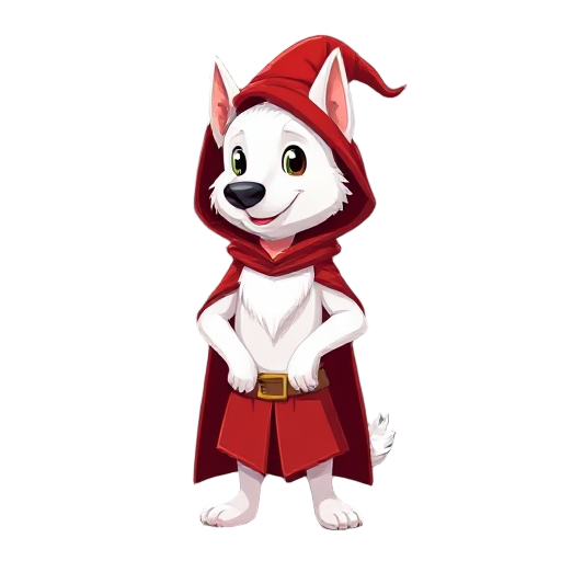  a white and cute dog with human body, he is a wizard, red clothes with out a hood