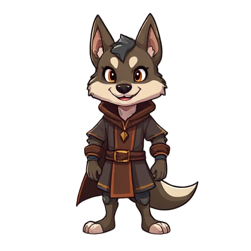 a dog head with human body, he is a wizard named nerlim that can transform