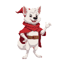 a white and cute dog with human body, he is a wizard, red clothes