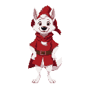 a white and cute dog with human body, he is a wizard, red clothes 