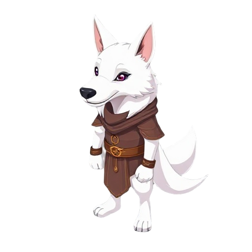 a white dog head with human body, he is a wizard named nerlim that can transform