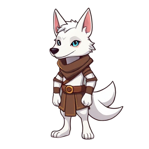 a white dog head with human body, he is a wizard named nerlim that can transform