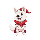 a white and cute dog with human body, he is a wizard, red clothes with a hood