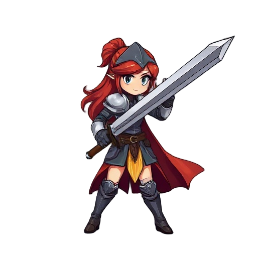 sprite of a female red-haired knight wielding a claymore from the side like a turn-based rpg