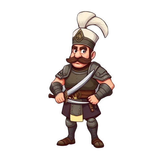 a slightly chubby ottoman soldier, medium height, with a large mustache, strong arms, and sturdy legs, wearing traditional armor and a tall white hat (börk), holding a curved sword.