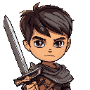 young boy warrior with a sword in his right hand. looking to the right.