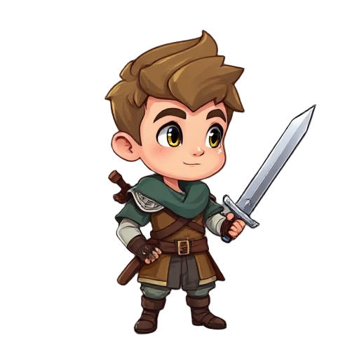 young boy warrior with a sword in his right hand. looking to the right.