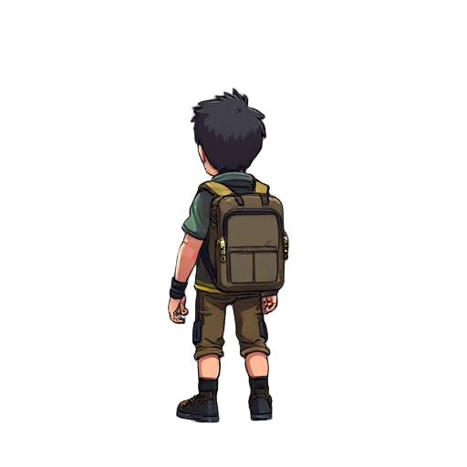 a person with a backpack in a postapolyptic world
