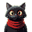 black cat with big red scarf and big eyes