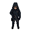 a character black techwear cyberpunk style with a gun