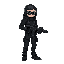 a character black techwear cyberpunk style with a gun