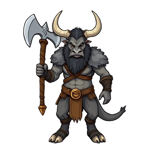 generate a mitoaur with a axe en 4 face directions up, down left and right style medieval rpg