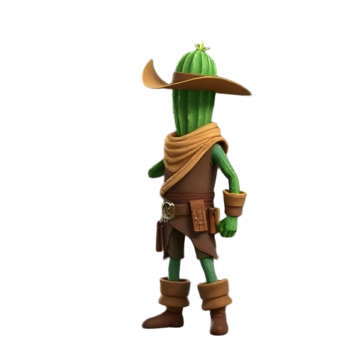 cactus looking warrior humanoid standing facing left, dressed like cowboys