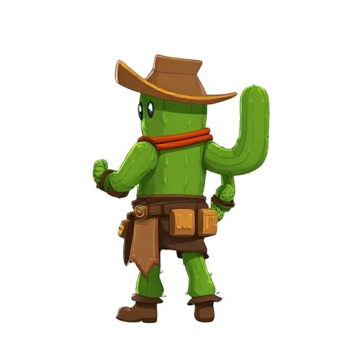 cactus looking warrior humanoid standing facing left, dressed like cowboys