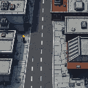 tilesheet for a cyberpunk top down game that includes roads, sidewalks, industrial walls, cracked cement, roofs, all elements to create top down buildings