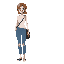 a woman with these standards: she is tall, has light brown hair, wears a white top, jeans with those stylish rips on the knee, wears glasses, has a black pouch on her arm, she is white, has a thin and beautiful nose