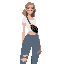 a woman with these standards: she is tall, has light brown hair, wears a white top, jeans with those stylish rips on the knee, wears glasses, has a black pouch on her arm, she is white, has a thin and beautiful nose. celest game style