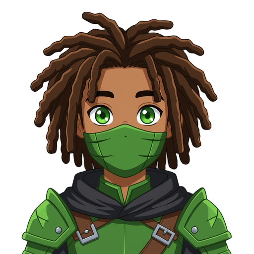 generate a brown skin boy with curly dreads covering his face he has green eyes and he is wearing a green armor with a black mantle