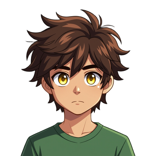 mysterious rpg protagonist in undertale style. the character has glowing yellow eyes, dark brown messy hair covering parts of the face, wears a green shirt, his skin is brown
