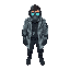 cyberpunk medic with syringe arm and gas mask