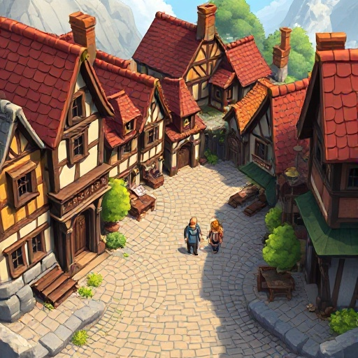 rpg town map, medieval fantasy style, with multiple buildings (inn, shop, houses), visible npcs walking or standing, cobblestone streets, trees and decorative elements. there is one clear path leaving