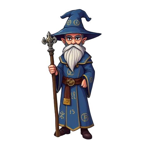 wizard character for an rpg game, wearing a long blue robe with golden runes, a wide-brimmed hat, holding a magical staff