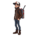a man with a short beard and dark hair wearing a cap, a leather jacket, jeans, boots, a ghostbuster backpack, and a jetpack
