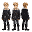 young man, 30 years old, short blond hair with side bangs, blue eyes, serious look. wears leather jacket with fur collar, dark pants with holsters, combat boots, black gloves, gun holster on chest. dark and tense atmosphere.