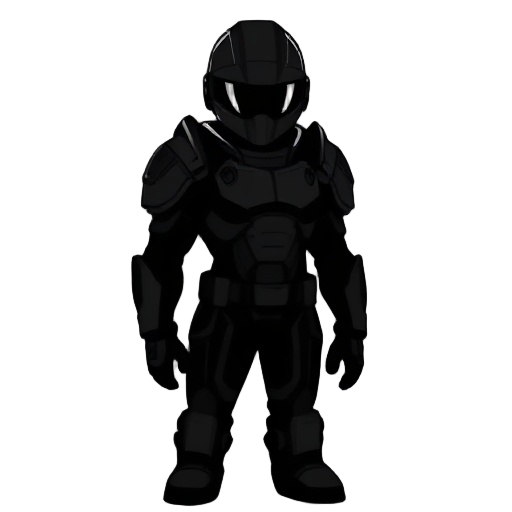 a completely black silhouette of a human figure wearing tech armor. no visible details beyond the outer shape: helmet, shoulder plates, chest armor — all as a solid shadow. the image should be ent