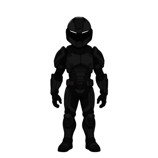 a completely black silhouette of a human figure wearing tech armor. no visible details beyond the outer shape: helmet, shoulder plates, chest armor — all as a solid shadow. the image should be ent