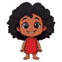 a cheerful young child with medium brown skin, big expressive dark eyes, and voluminous curly black hair. she is wearing a sleeveless red shirt and smiling brightly, showing a missing front tooth. the