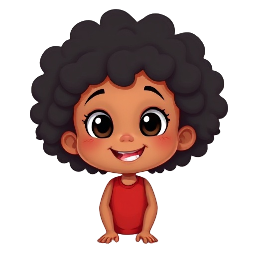 a cheerful young child with medium brown skin, big expressive dark eyes, and voluminous curly black hair. she is wearing a sleeveless red shirt and smiling brightly, showing a missing front tooth. the