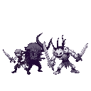 sprite inspirados em  undertale. silhuetas de humanos de um lado com lanças/espadas, e monstros do outro (baseados em criatura de contos de fadas) – ambos em posição de ataque. 