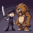 duas cinuetas uma de um humano com uma espada e outa de um urso com um grande machado. estilo undertale