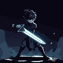 a silhueta de um humano com uma espada em mãos. ele esta em posição de conbate seguindo o estilo de arte do jogo undertale