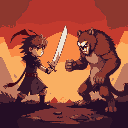 uma arte que retrate a guerra ente humanos e criaturas de contos de fadas. para meu jogo inspirado em undertale. duas sinuetas uma de um humano com uma espada e outa de um urso com um machado